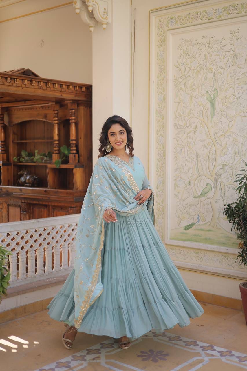 Sky Blue Color Beautiful Anarakli Gown Buy it now