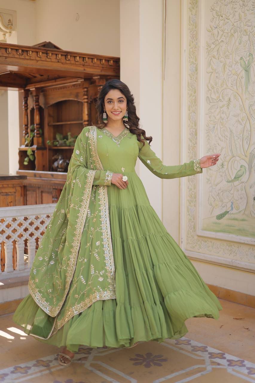 Parrot Green Color Beautiful Anarakli Gown Buy it now