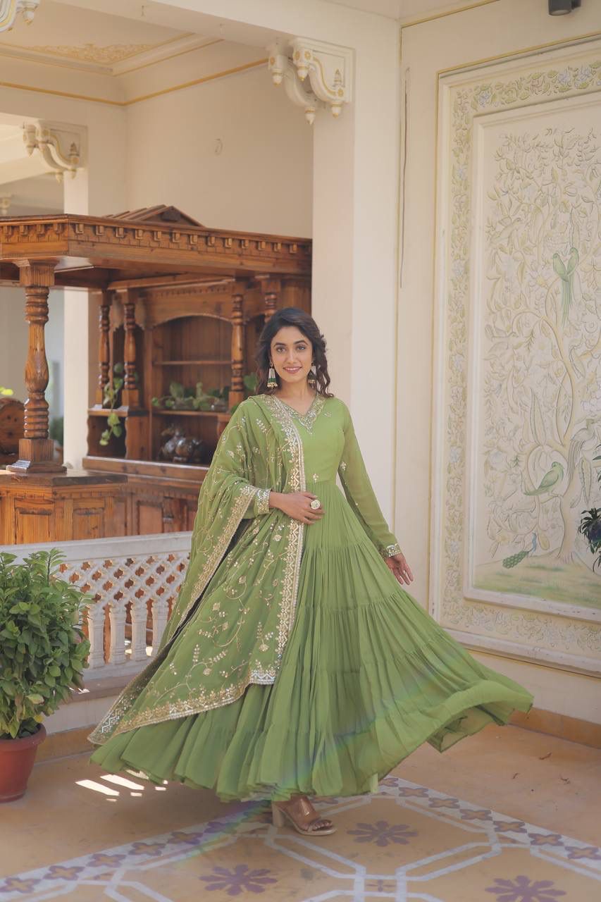 Parrot Green Color Beautiful Anarakli Gown Buy it now