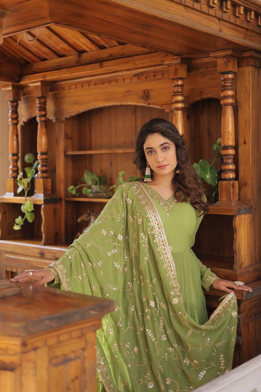 Parrot Green Color Beautiful Anarakli Gown Buy it now