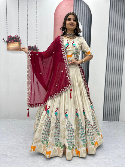 Wedding Wear Lehenga Choli With Cancan In White Cream Color and maroon dupatta