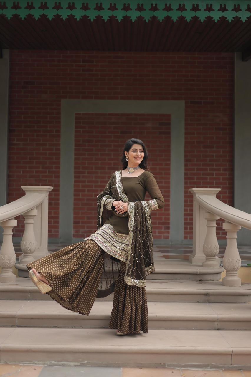 designer readymade top-sharara-dupatta collections in mehendi color
