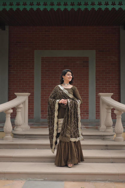designer readymade top-sharara-dupatta collections in mehendi color