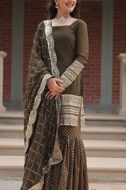 designer readymade top-sharara-dupatta collections in mehendi color