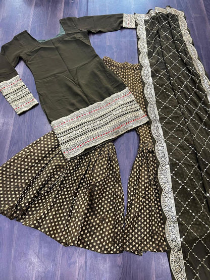 designer readymade top-sharara-dupatta collections in mehendi color