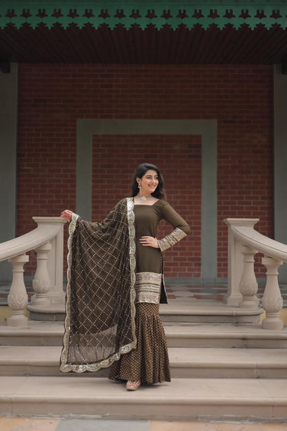 designer readymade top-sharara-dupatta collections in mehendi color