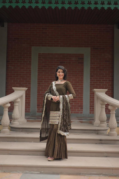 designer readymade top-sharara-dupatta collections in mehendi color