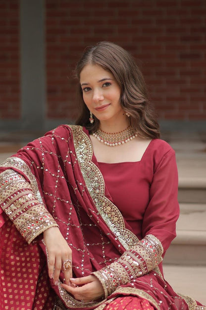 designer readymade top-sharara-dupatta collections in maroon color