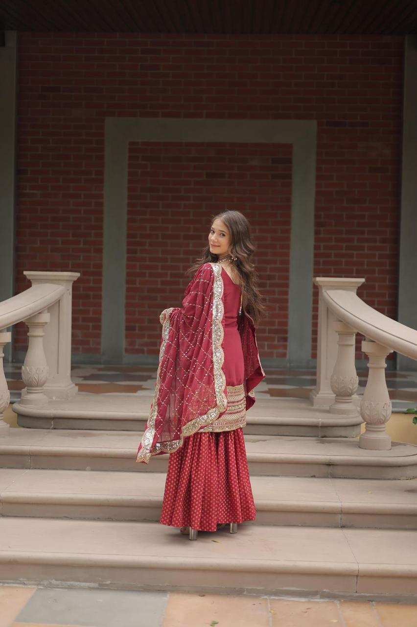 designer readymade top-sharara-dupatta collections in maroon color