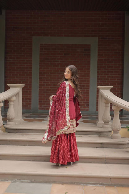 designer readymade top-sharara-dupatta collections in maroon color