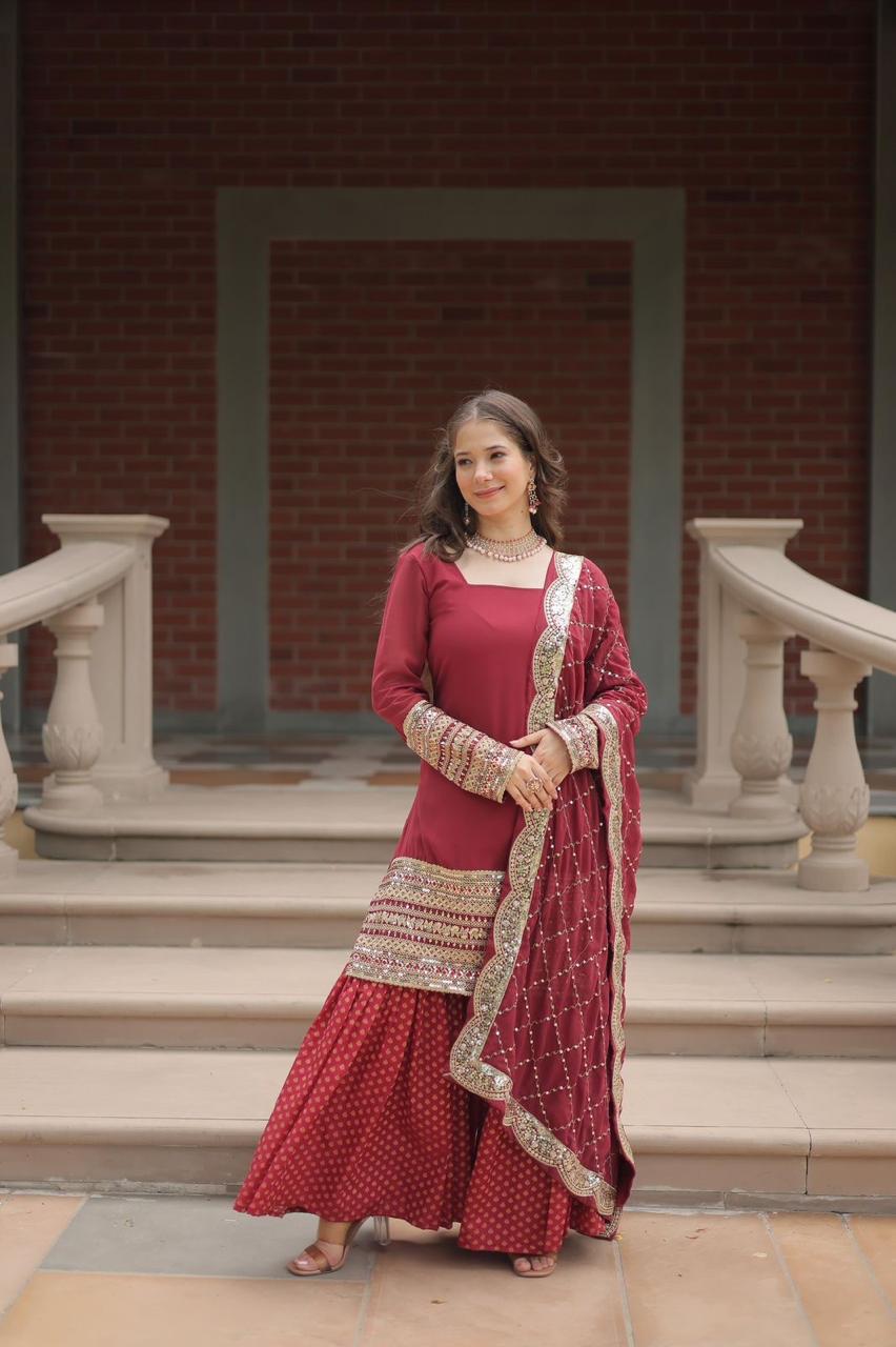designer readymade top-sharara-dupatta collections in maroon color