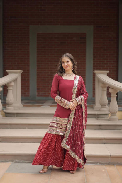 designer readymade top-sharara-dupatta collections in maroon color