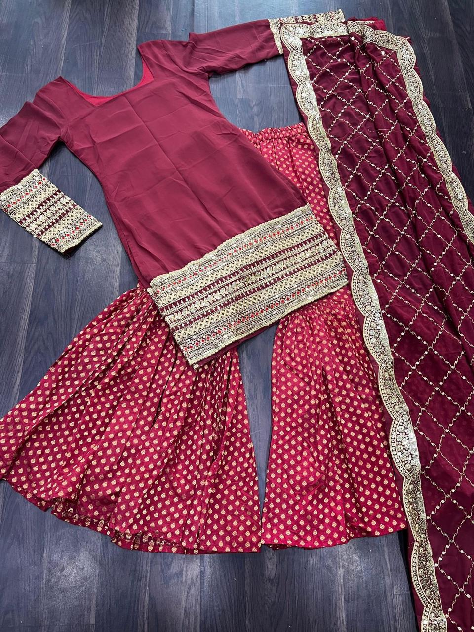 designer readymade top-sharara-dupatta collections in maroon color