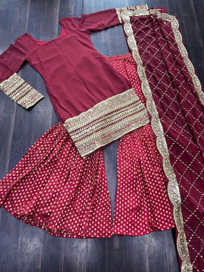 designer readymade top-sharara-dupatta collections in maroon color