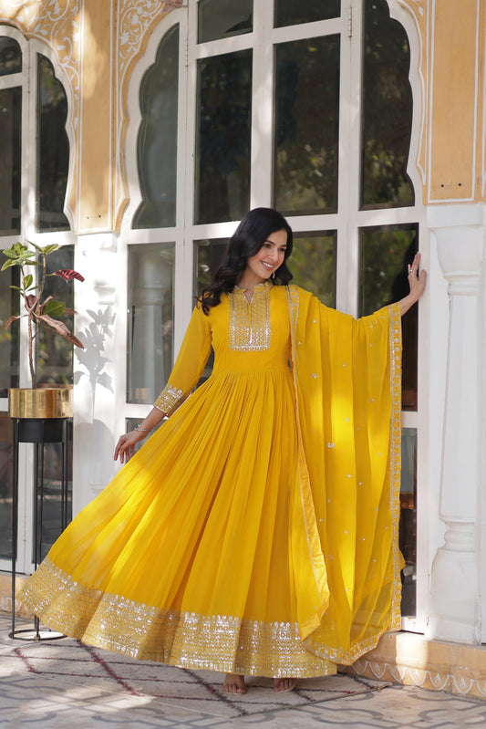 yellow Color Outfit Made From Georgette Fabric And Sequins Embroidered Work