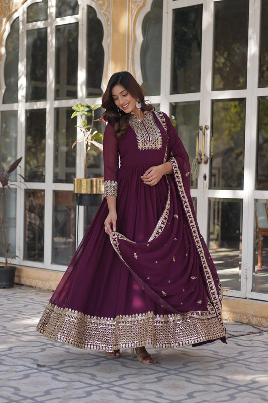 Wine Color Outfit Made From Georgette Fabric And Sequins Embroidered Work