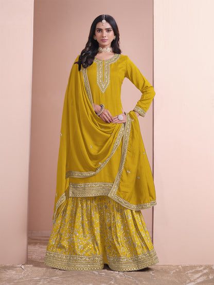 Yellow Color Partywear Plazo Suit In Silk Fabric Wedding Function