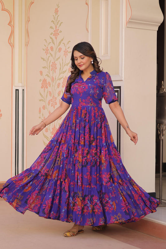 women fully flair gown made with faux georgette fabrics with print with 10+ meter flair