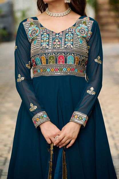 Rama Color Beautiful Anarkali Gown in Georgette Fabric