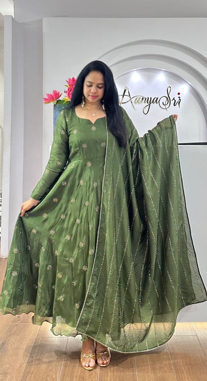 Beautiful Anarkali Gown in Chinon Fabric For Daily Wear Use in Green Color