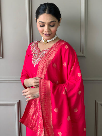 Kurti Duptta And Bottom Set in Red Color