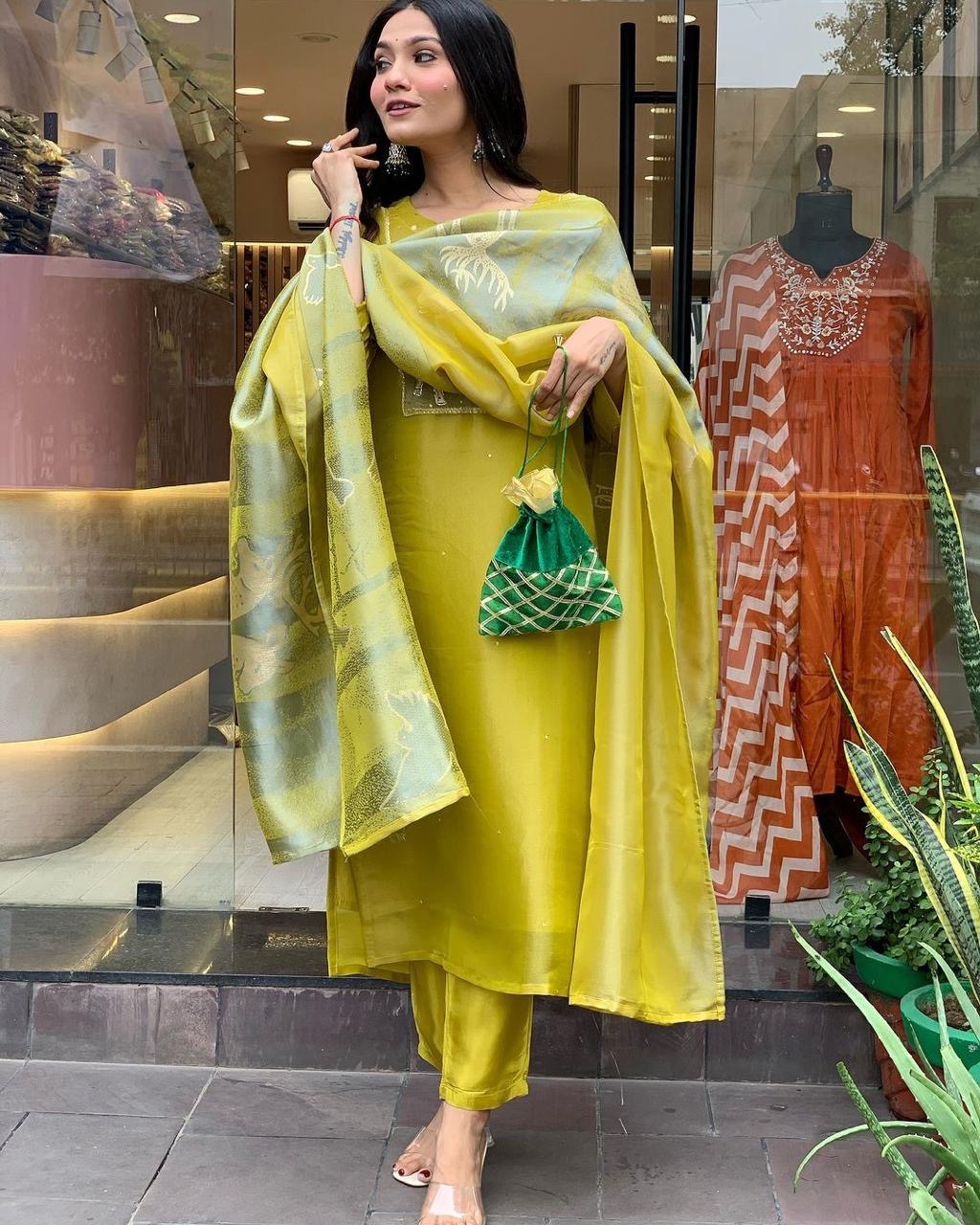 Yellow Color Beautiful Office Wear Silk Suit