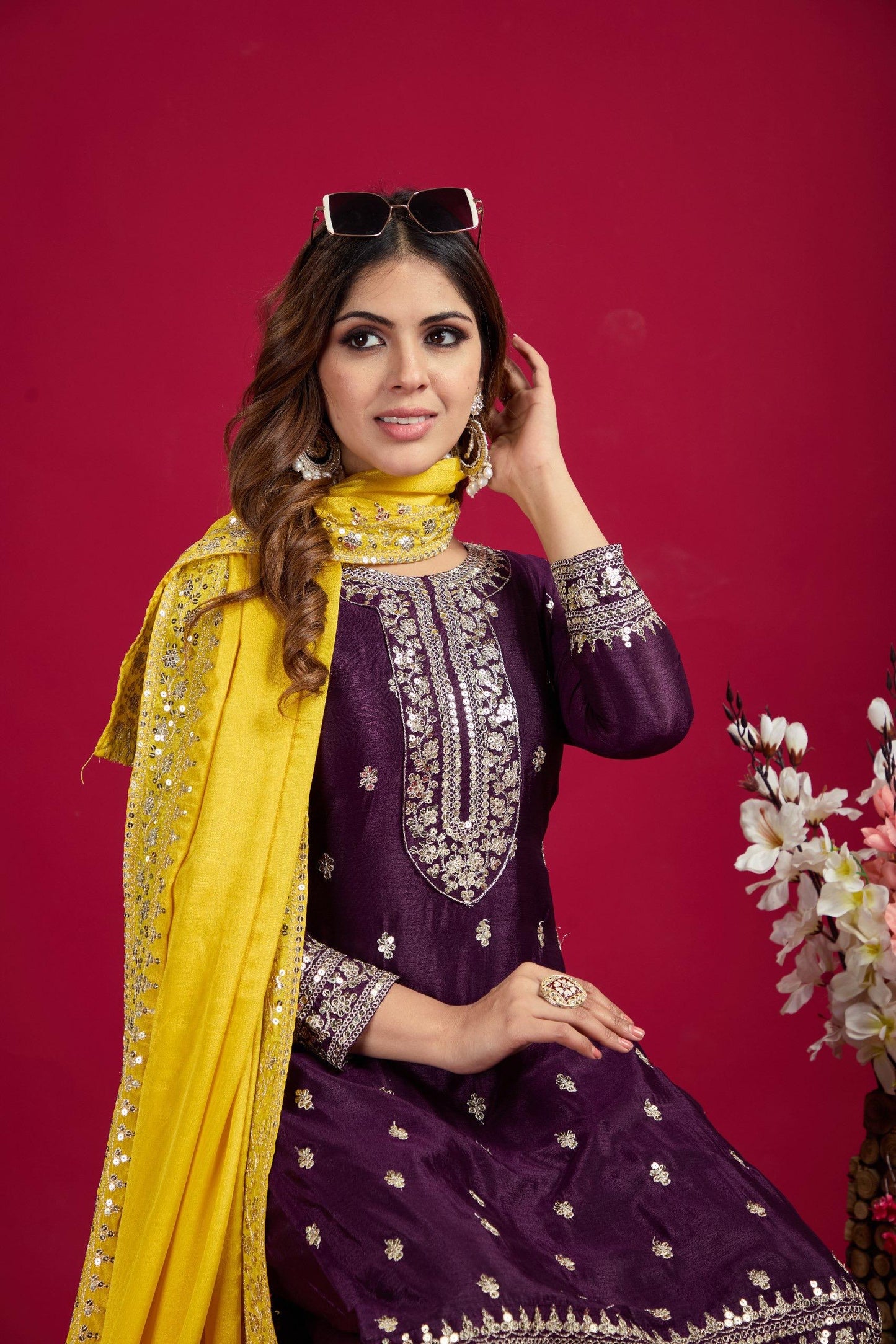 Maroon Color Beautiful Partywear Suit In chinon Fabric