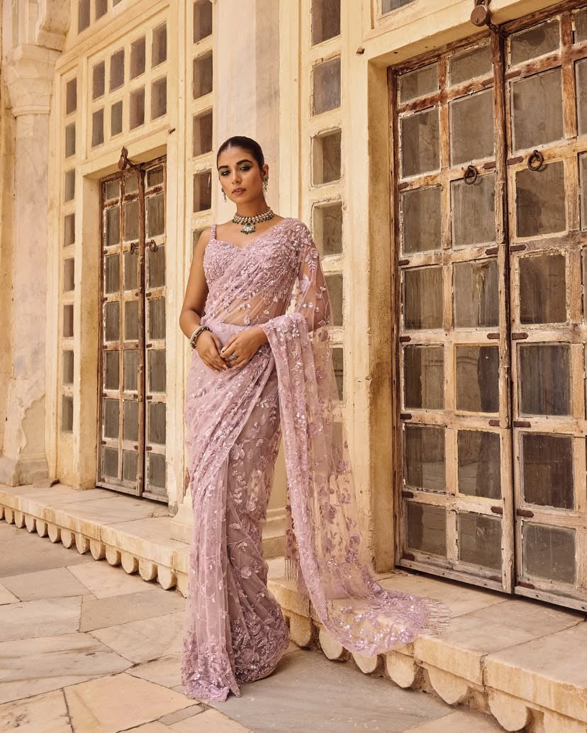 Beautiful Peach Pink Color Net Saree For Wedding Function