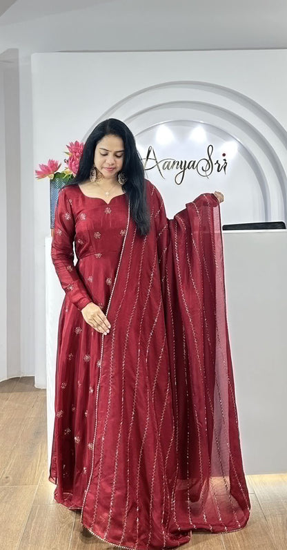 Beautiful Anarkali Gown in Chinon Fabric For Daily Wear Use in Maroon Color