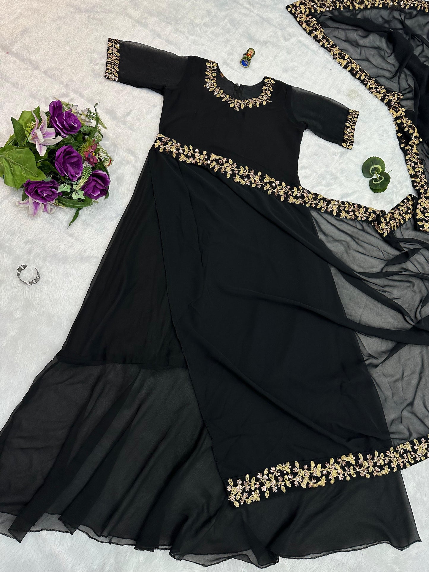 Trending Georgette Fabric With Embroidery Work Border Full Flair Stitched Saree-Gown in black color