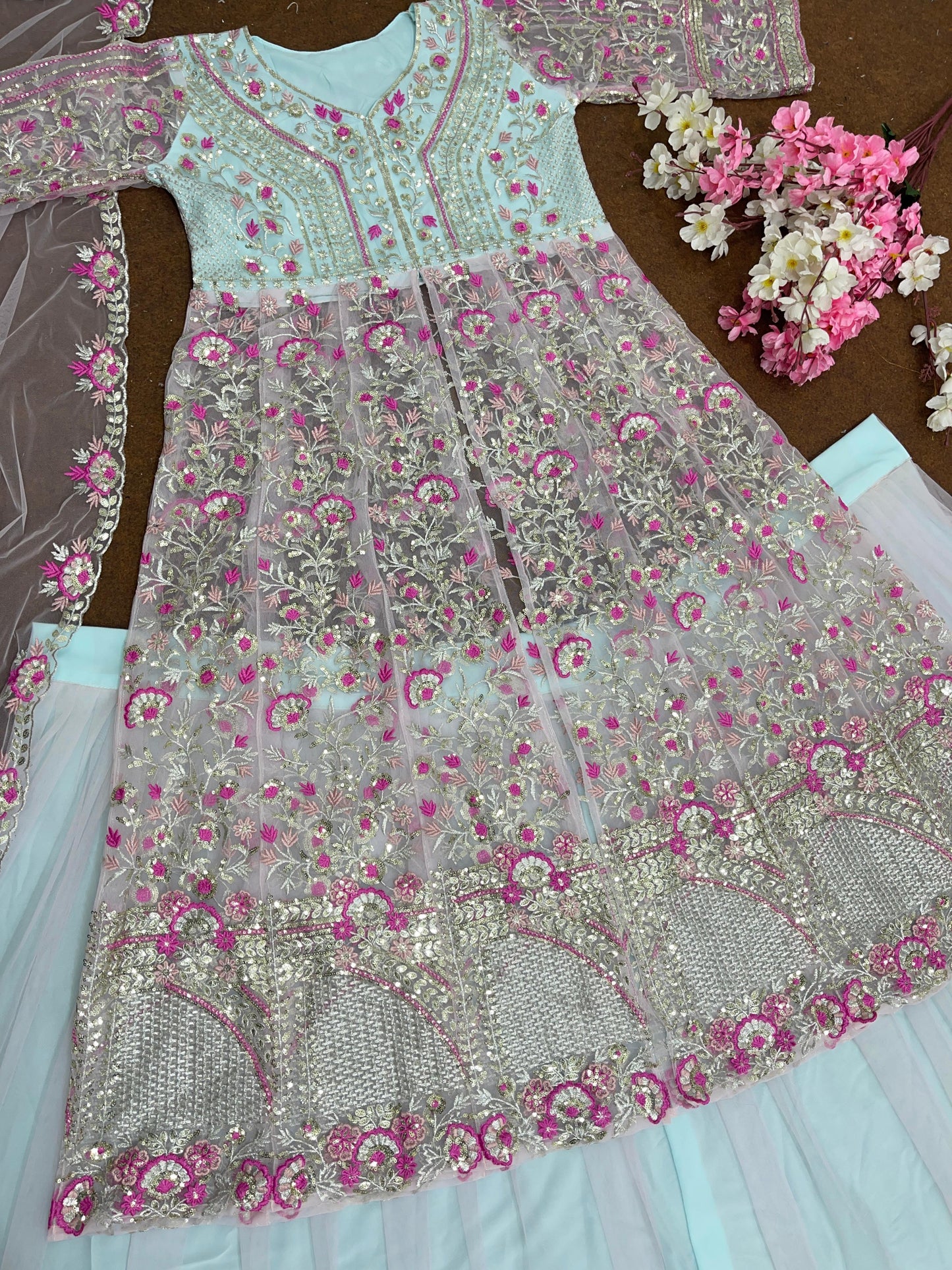 White Color Beautiful Anarkali Lehenga Choli in Net Fabric