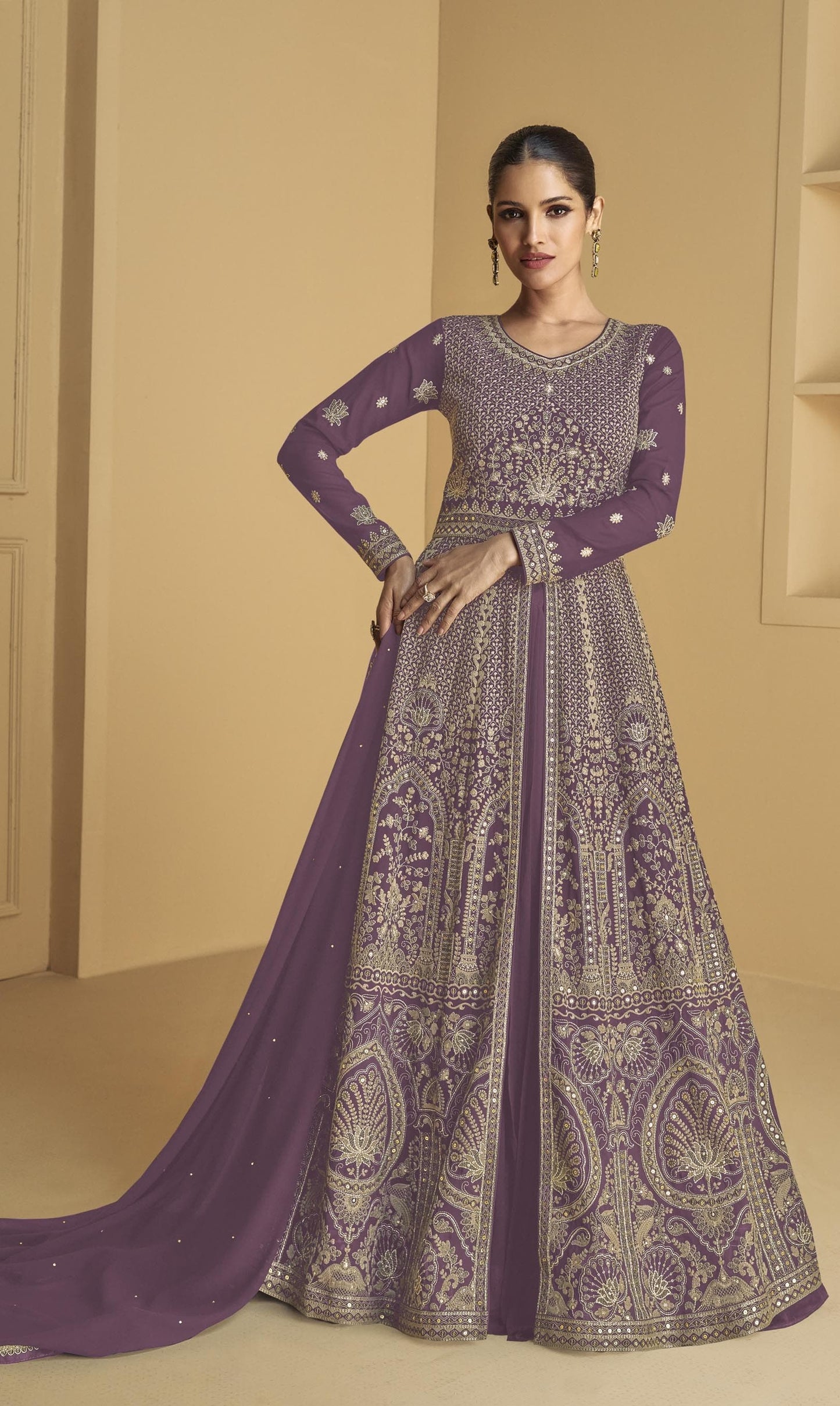 Purple Color Beautiful Anarakli Dress in Georgette Fabric