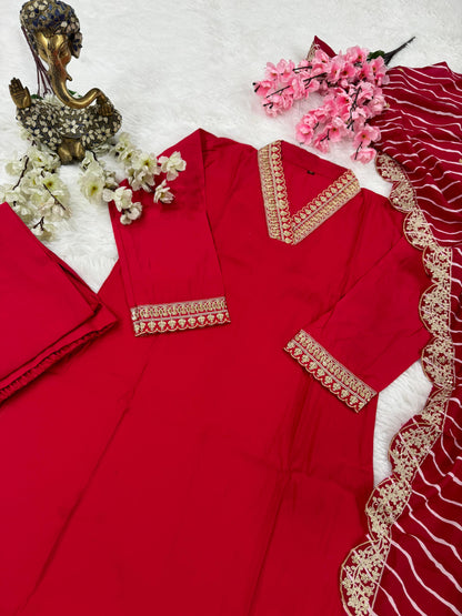 Chanderi FAbric With Attractive Embroidery in pink red color