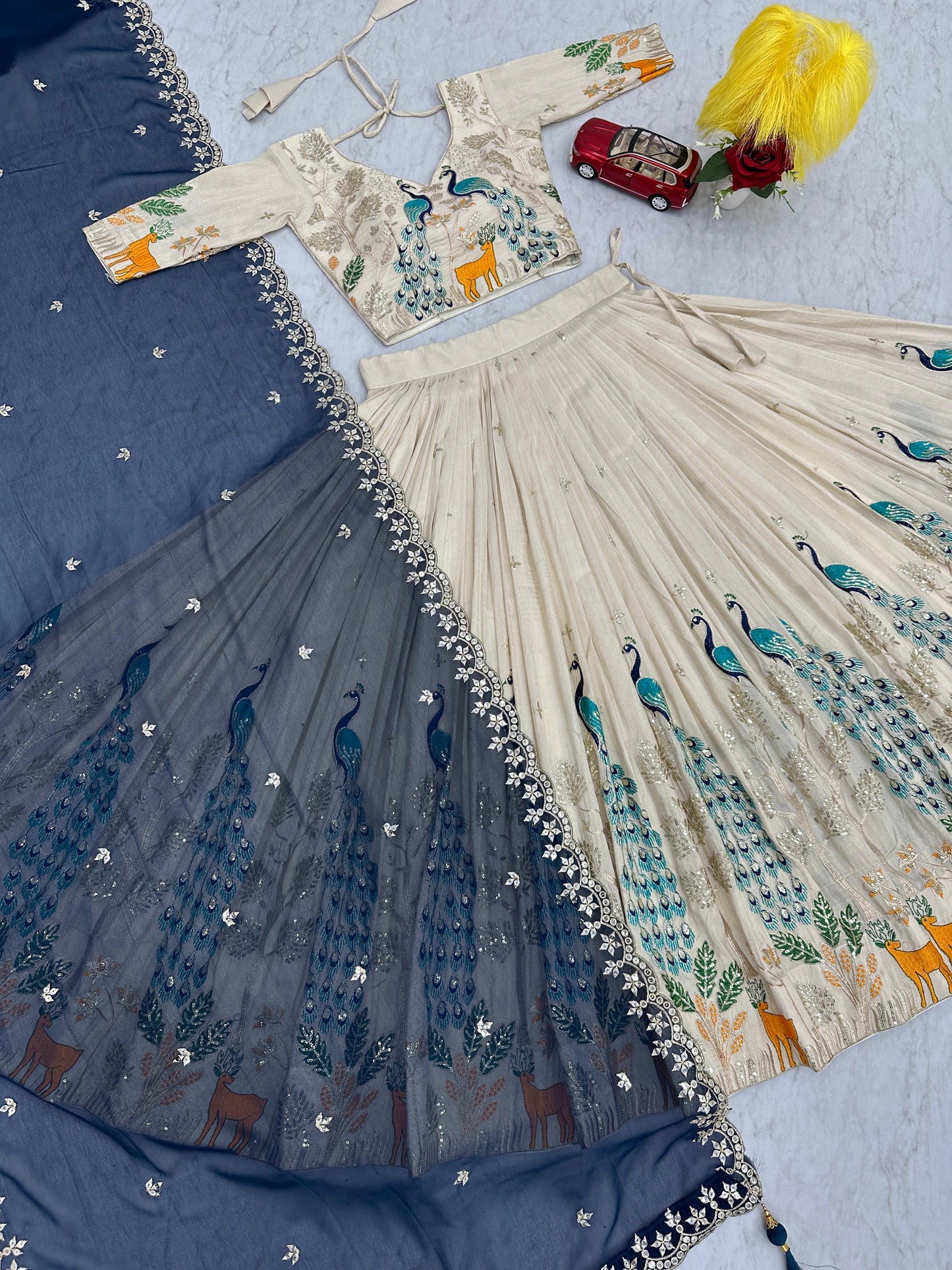 Wedding Wear Lehenga Choli With Cancan In White Cream Color with blue dupatta