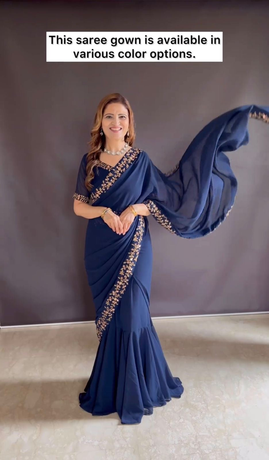 Trending Georgette Fabric With Embroidery Work Border Full Flair Stitched Saree-Gown in blue color