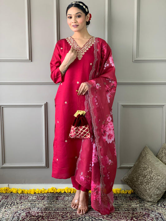 Pink Red Color Beautiful Chanderi Silk Suit