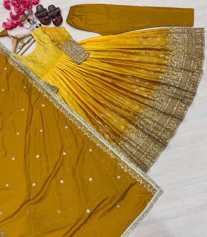 Beautiful Designer Yellow Color Partywear Dress in Chinon Fabric