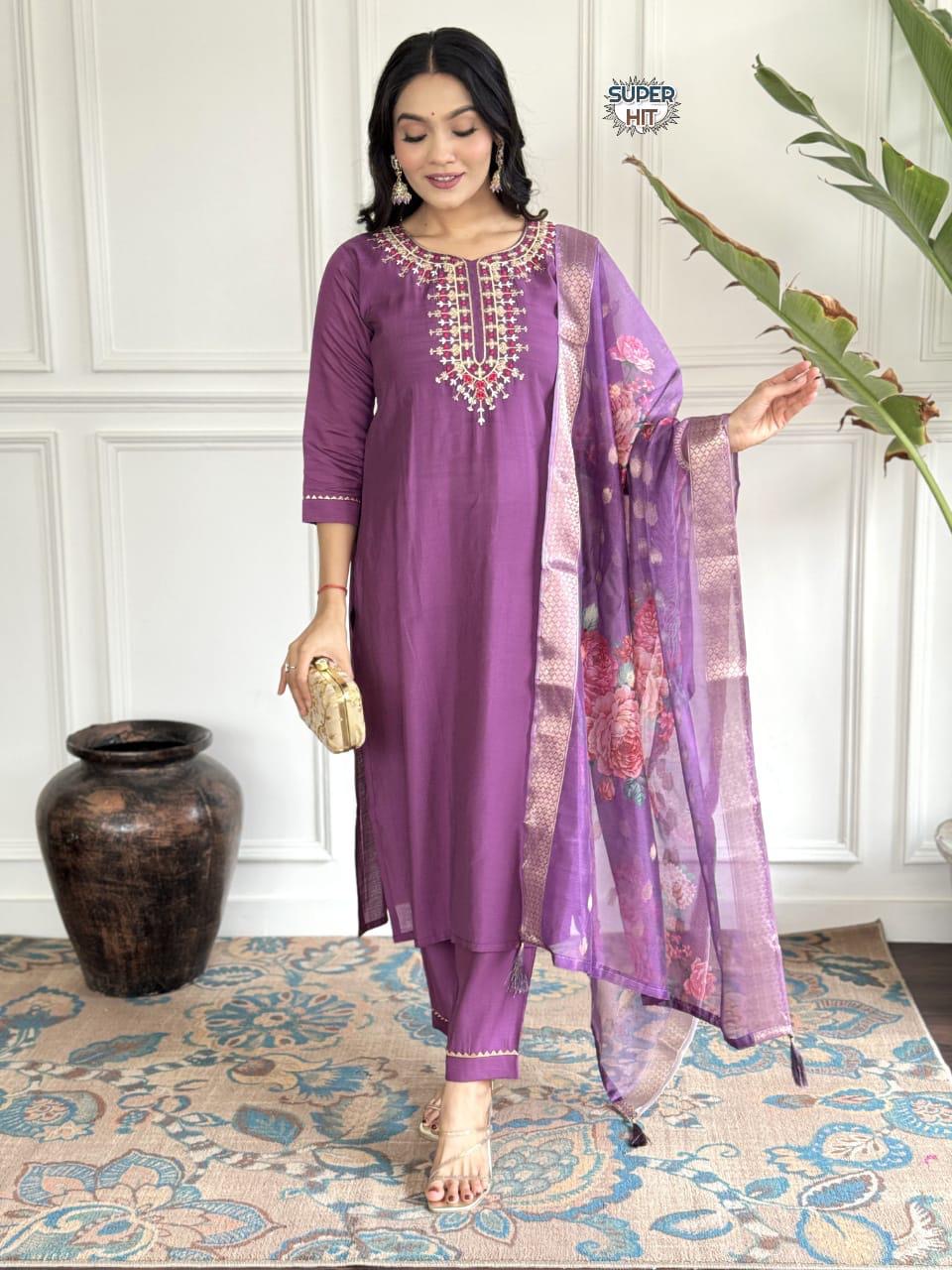 Purple Color Daily Wear Use Kurti Plazo Set