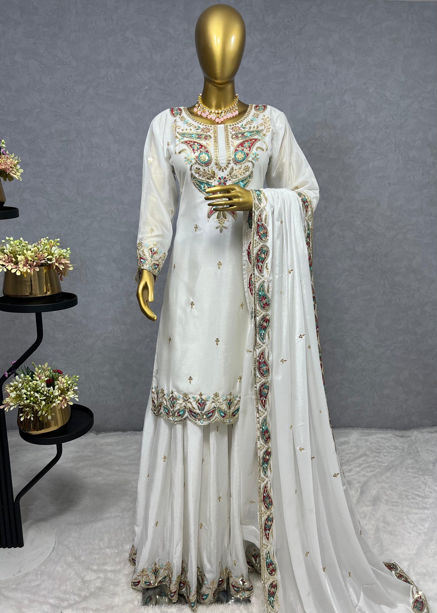 White Color Beautiful Chinon Silk Suit