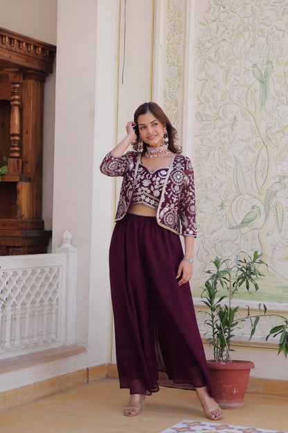 Georgette Fabric Plazo Koti Choli Suit In Maroon color