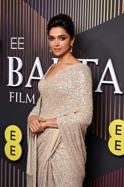 Launching Bollywood Deepika Padukone Blockbuster Sequins Saree in Georgette Fabric