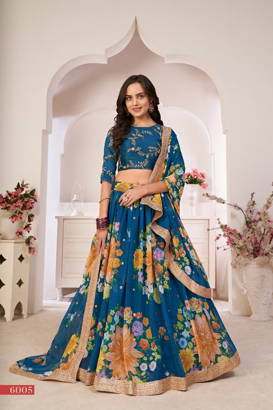 Lotus Floral Printed And Embellished Sequins Butti Work All Over the lehenga Choli