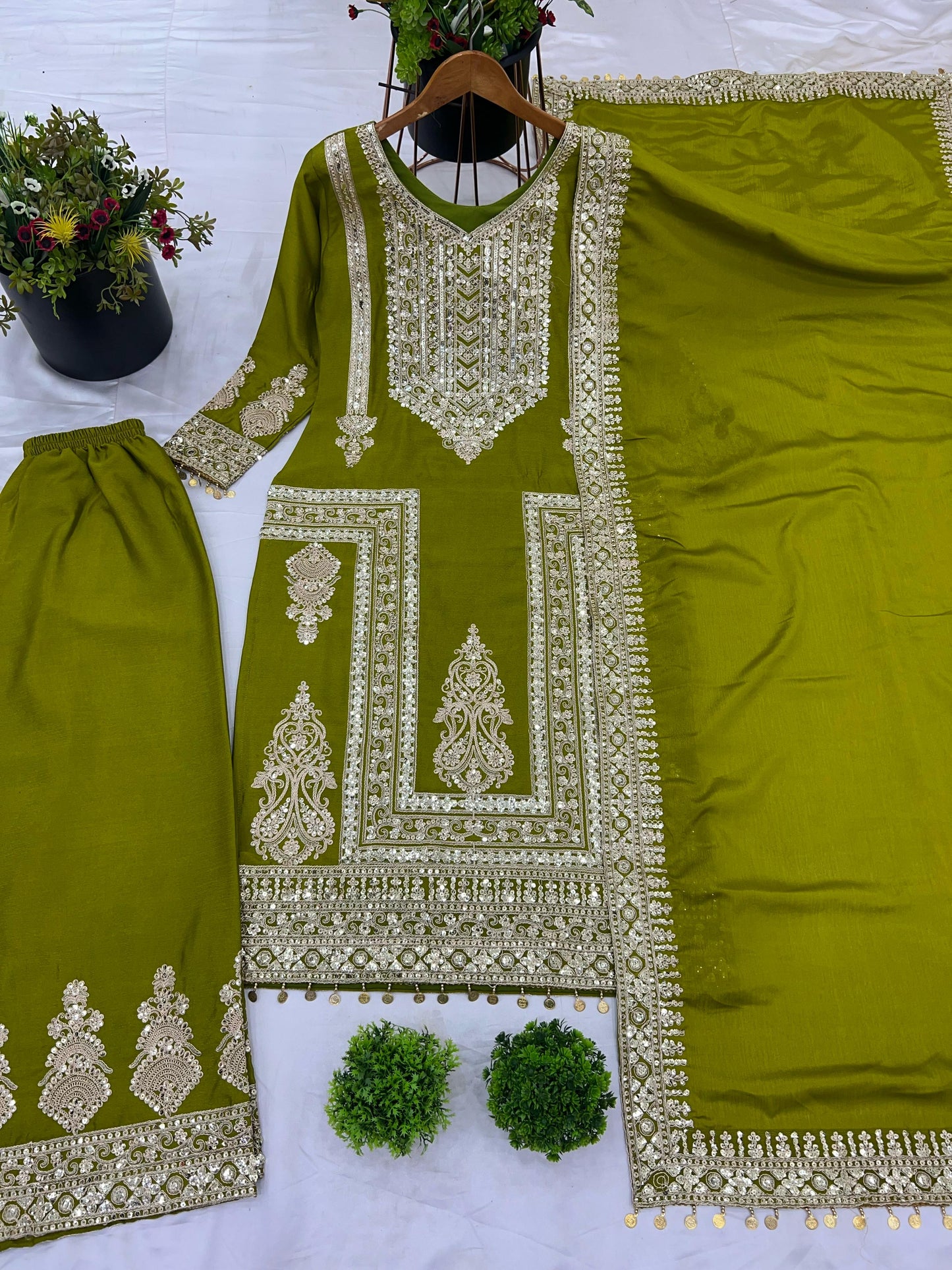 Green Color Beautiful Partywear Dress in Chinon Fabric