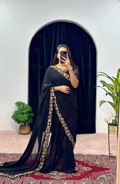 Trending Georgette Fabric With Embroidery Work Border Full Flair Stitched Saree-Gown in black color