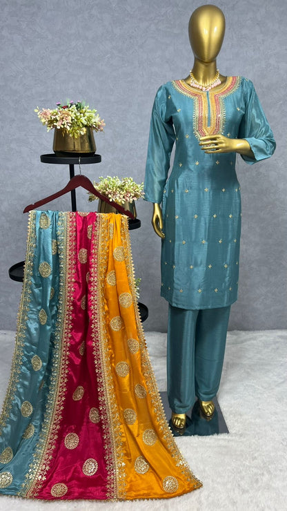 Blue Color Beautiful Partywear Suit In Chinon Fabric