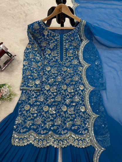 Blue Color Beautiful Sharara Suit For Wedding Function in Georgette Fabric