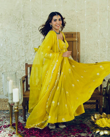 Beautiful Yellow Color Anarakli Gown Chinon Fabric