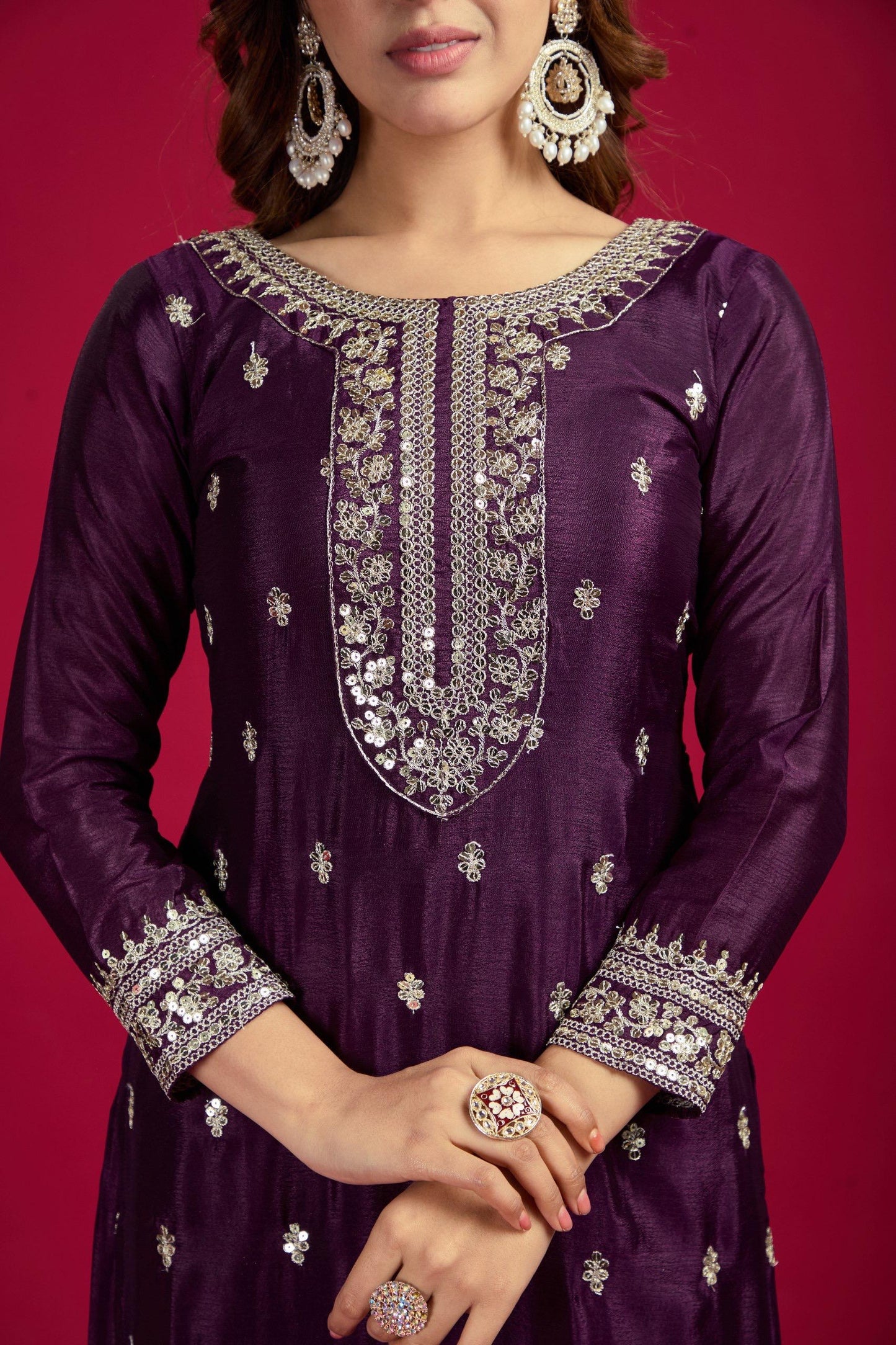 Maroon Color Beautiful Partywear Suit In chinon Fabric