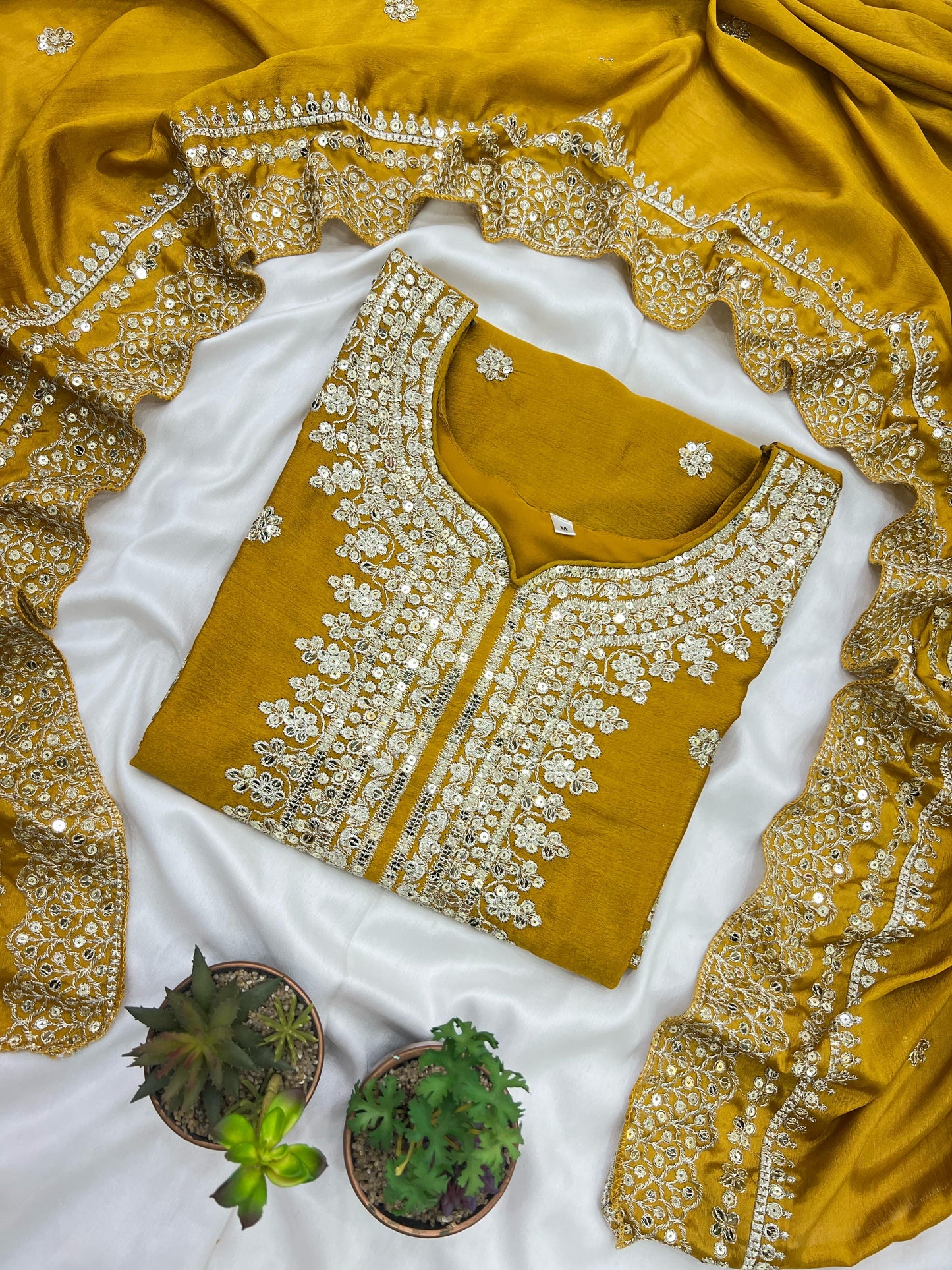 yellow Color Beautiful Chinon Silk Fabric Dress