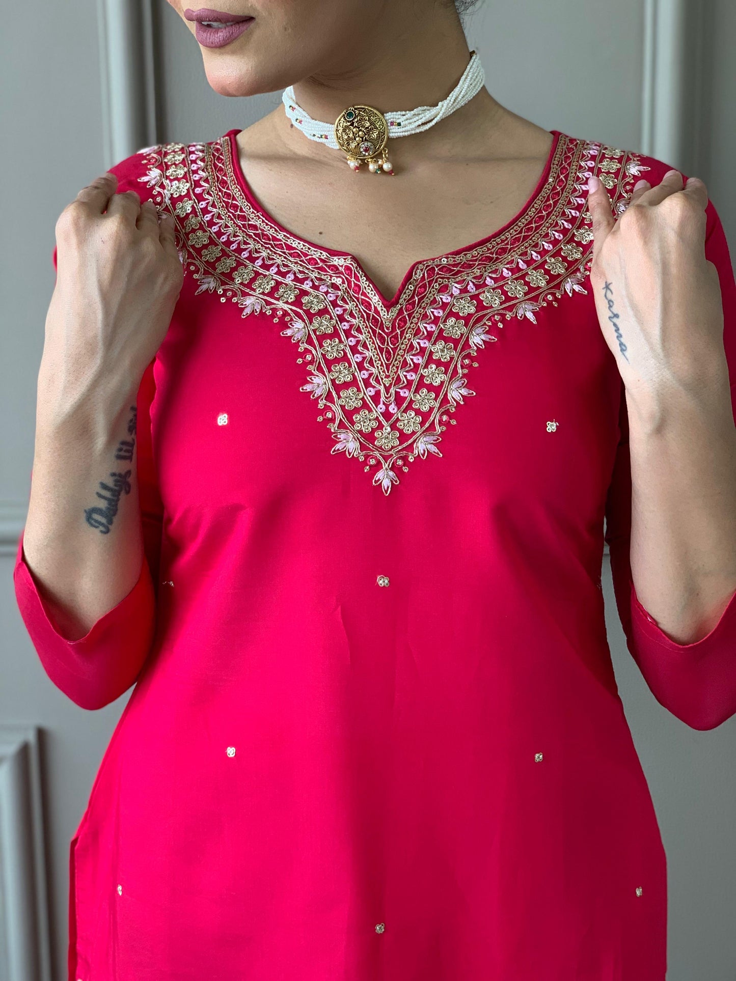 Kurti Duptta And Bottom Set in Red Color